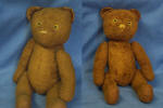 Teddyklinik - alter Bär aus Kunstseidenplüsch, linken Arm korrekt angescheibt (wieder angebracht), reinigen und aufplüschen des Flores 